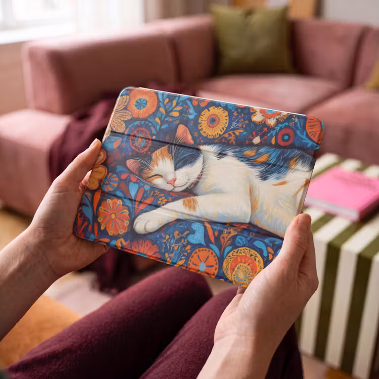 iPad hoes - Kat - Bloemenpatroon - Blauw - Oranje — 4