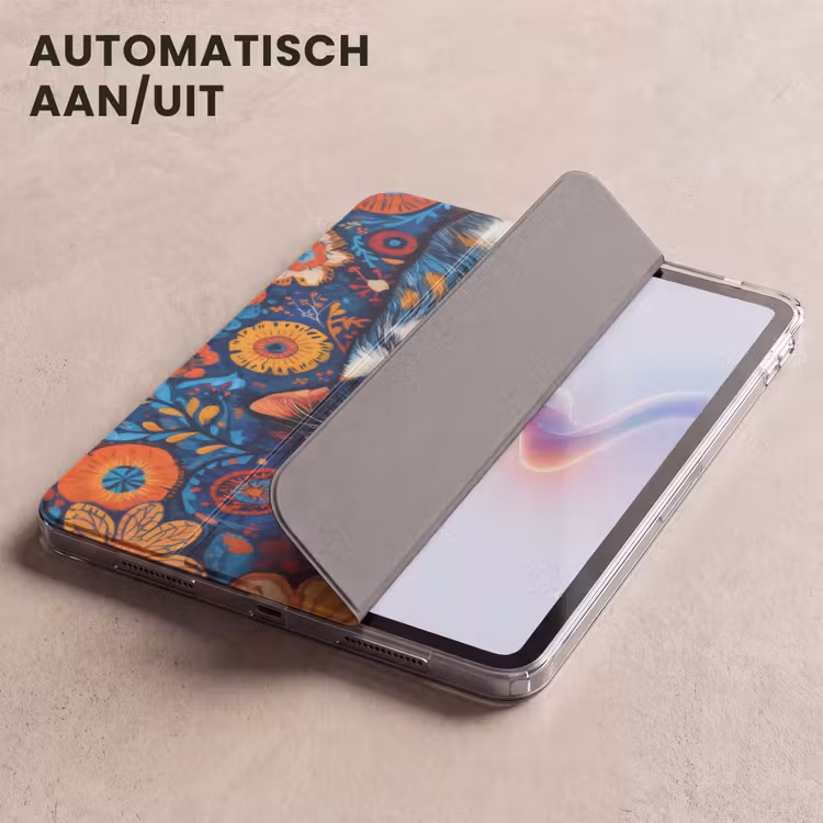 iPad hoes - Kat - Bloemenpatroon - Blauw - Oranje — 5