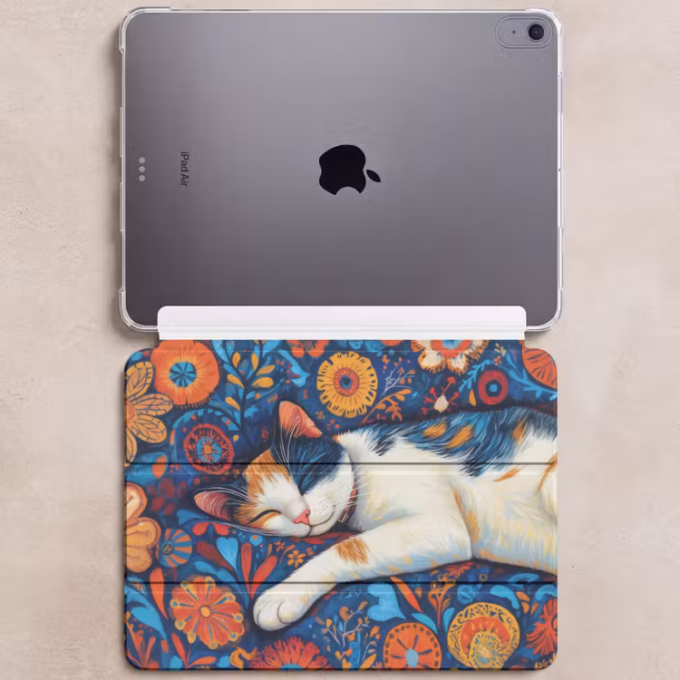iPad hoes - Kat - Bloemenpatroon - Blauw - Oranje — 6