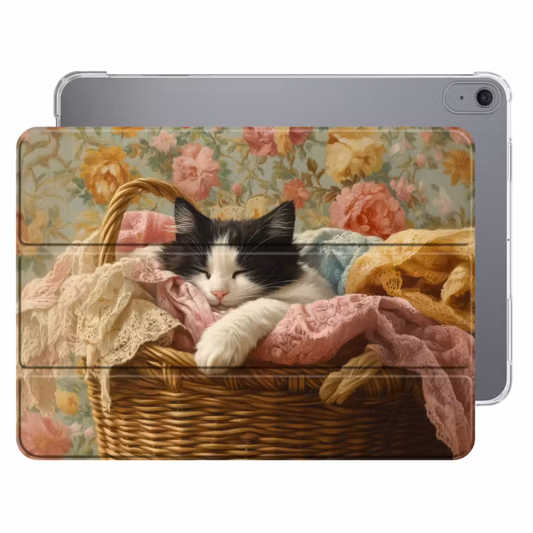 iPad hoes - Kat - Bloemenprint - Rieten mand — 1