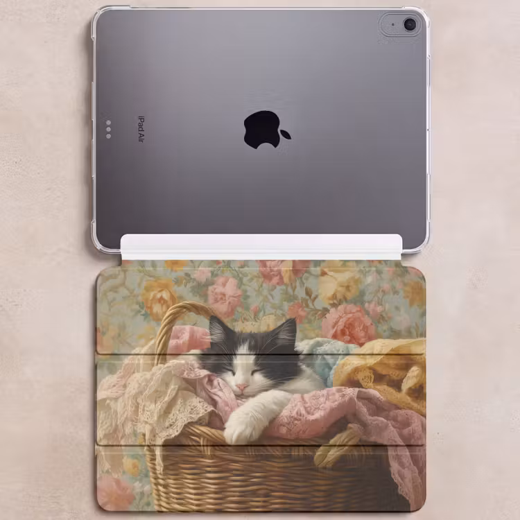 iPad hoes - Kat - Bloemenprint - Rieten mand — 6