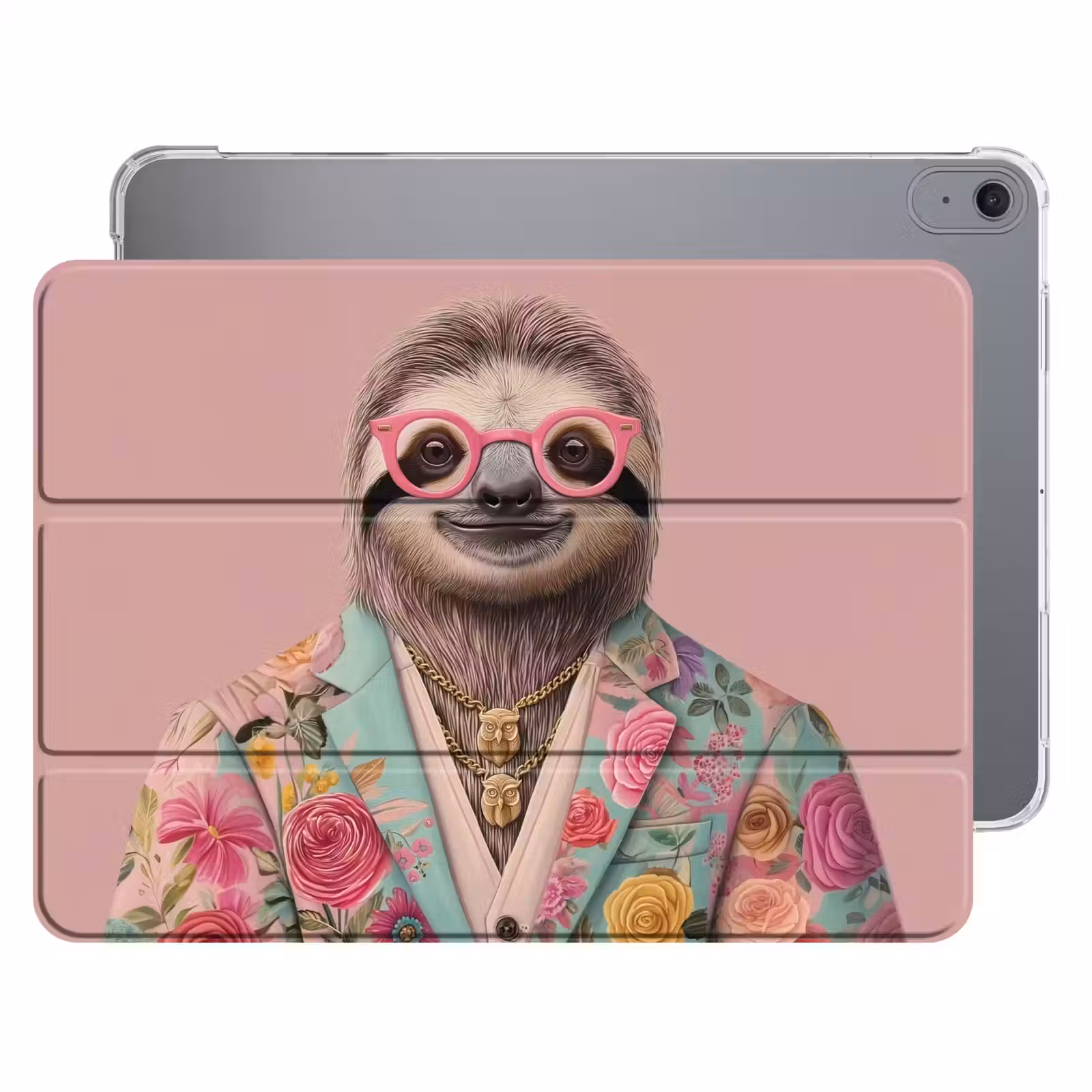iPad hoes - Luiaard - Bloemenprint - Bril - Roze — 1