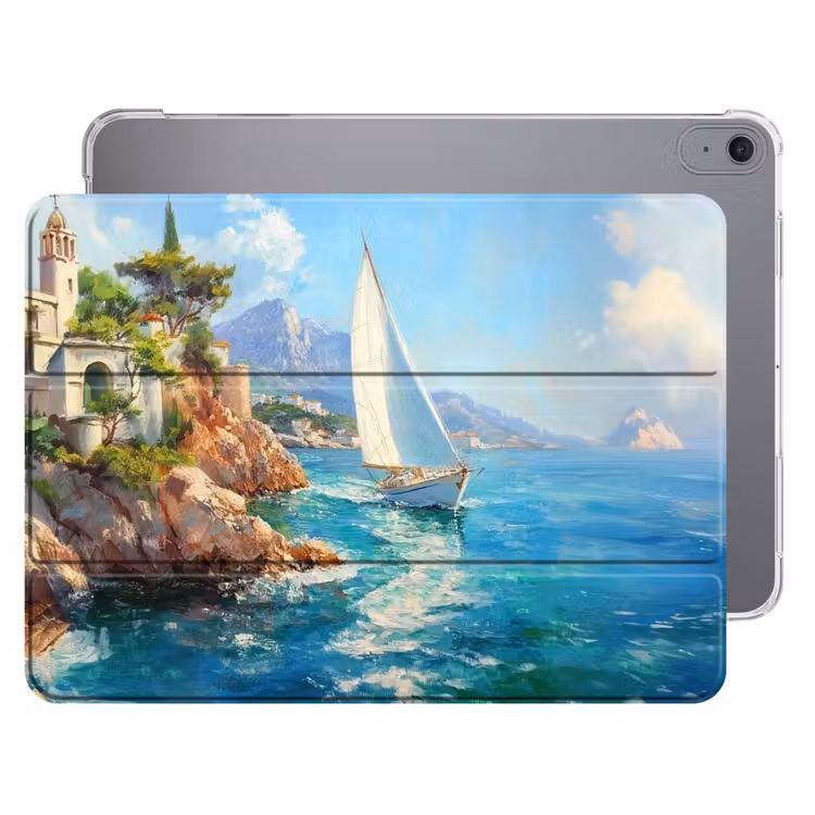 iPad hoes - Zeilboot - Rotsen - Kust - Huizen — 1