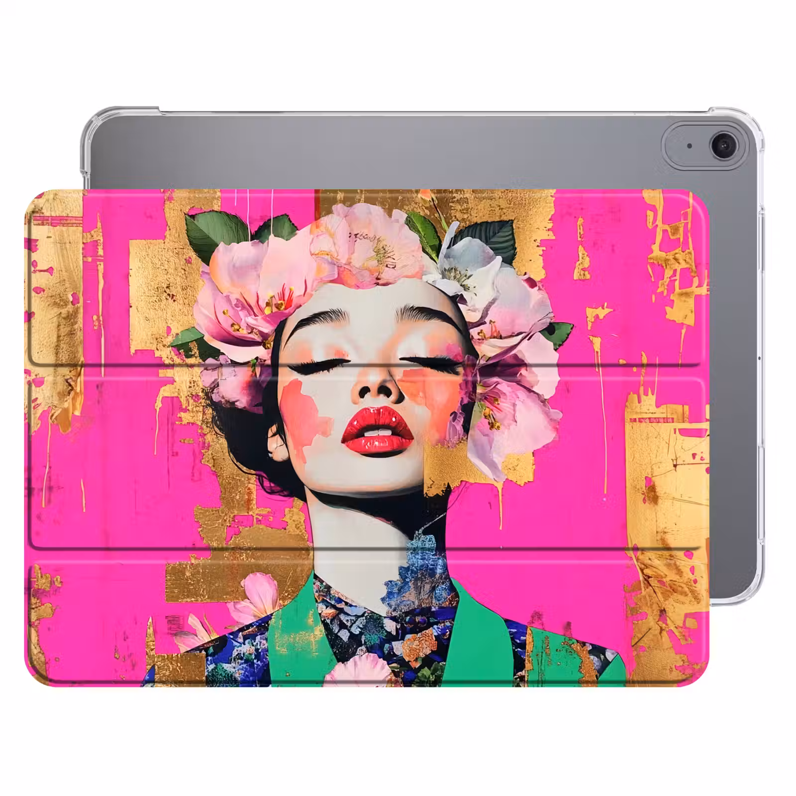 iPad hoes - Bloemenkroon - Goud - Vrouw - Portret — 1