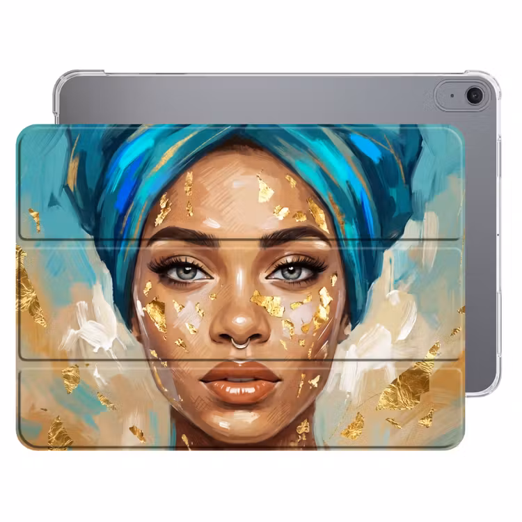 iPad hoes - Portret - Vrouw - Schilderij - Blauw - Goud - Expressief — 1