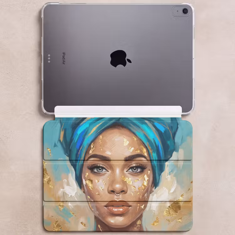 iPad hoes - Portret - Vrouw - Schilderij - Blauw - Goud - Expressief — 6