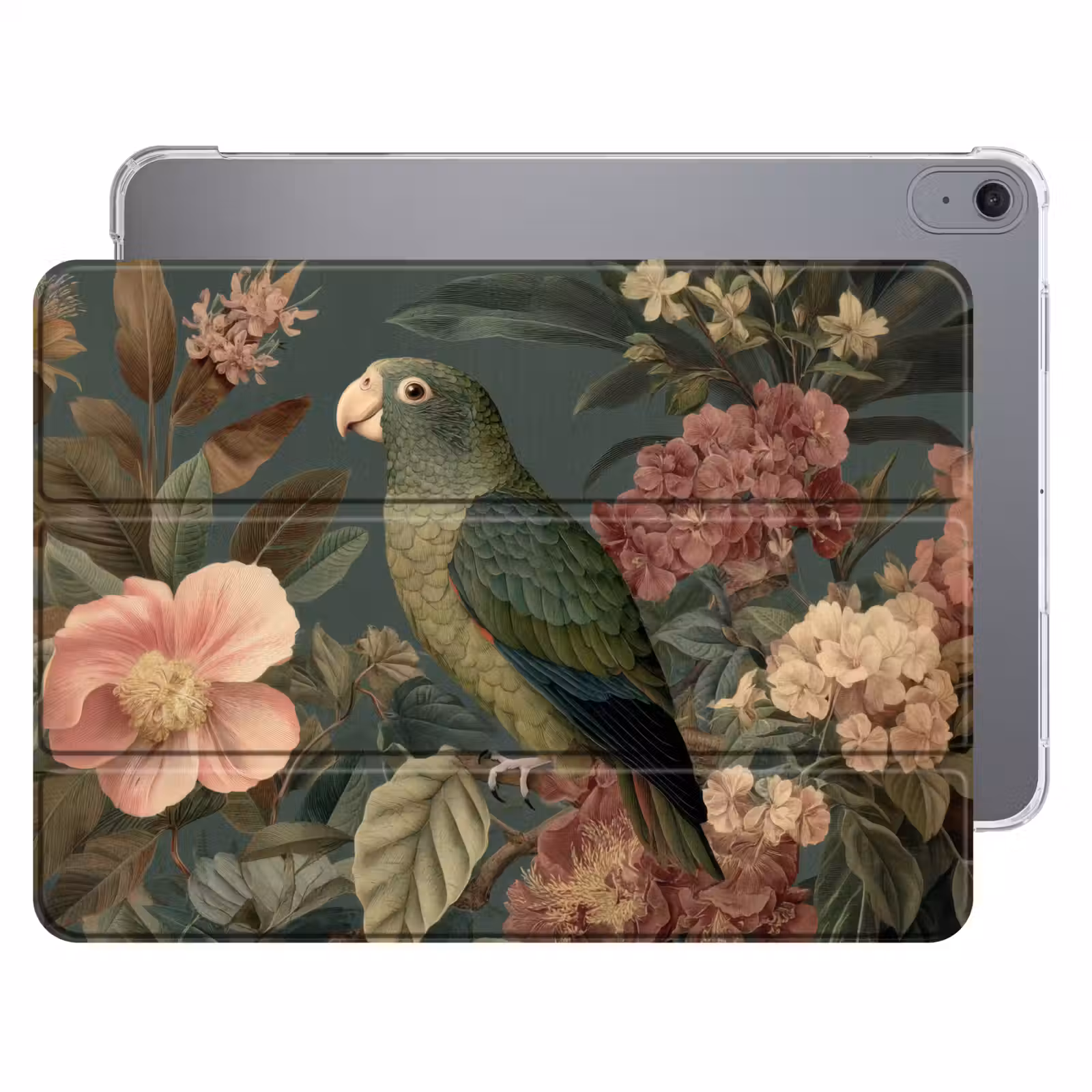 iPad hoes - Groene papegaai - Kleurrijke bloemen - Donkere achtergrond — 1