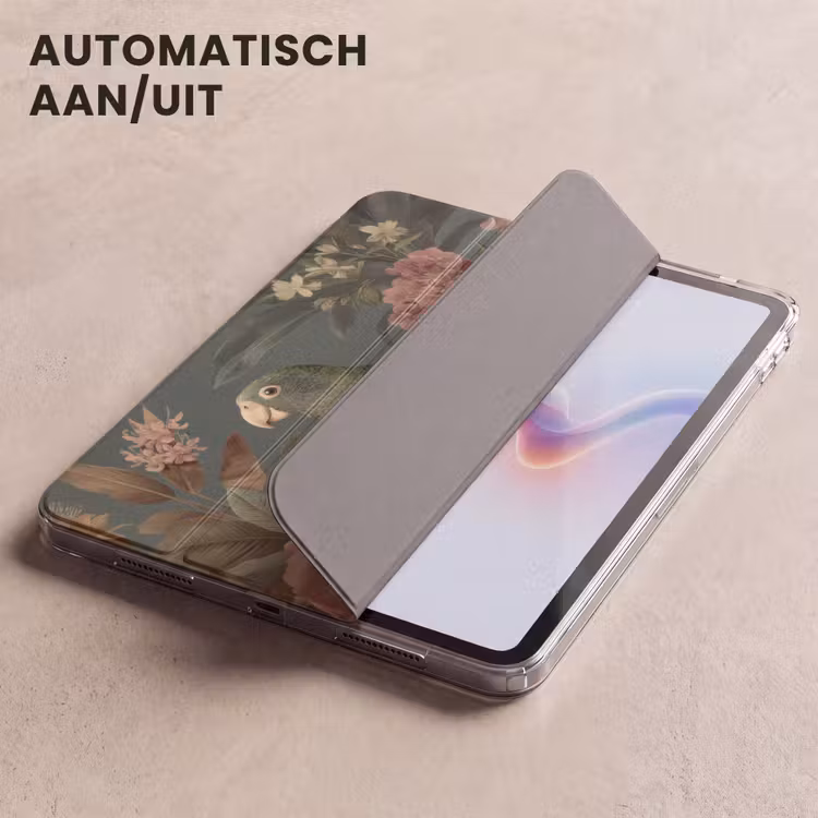 iPad hoes - Groene papegaai - Kleurrijke bloemen - Donkere achtergrond — 5