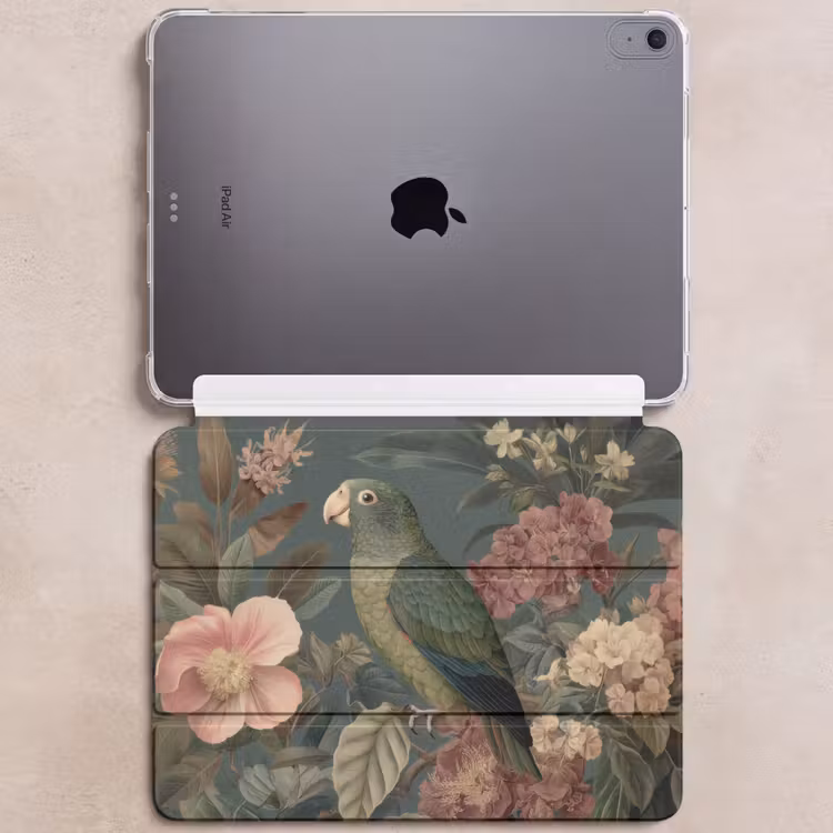 iPad hoes - Groene papegaai - Kleurrijke bloemen - Donkere achtergrond — 6