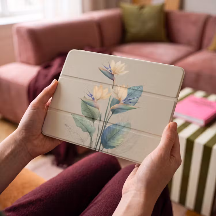 iPad hoes - Paradijsvogelbloemen - Blauwgroene bladeren - Beige — 4