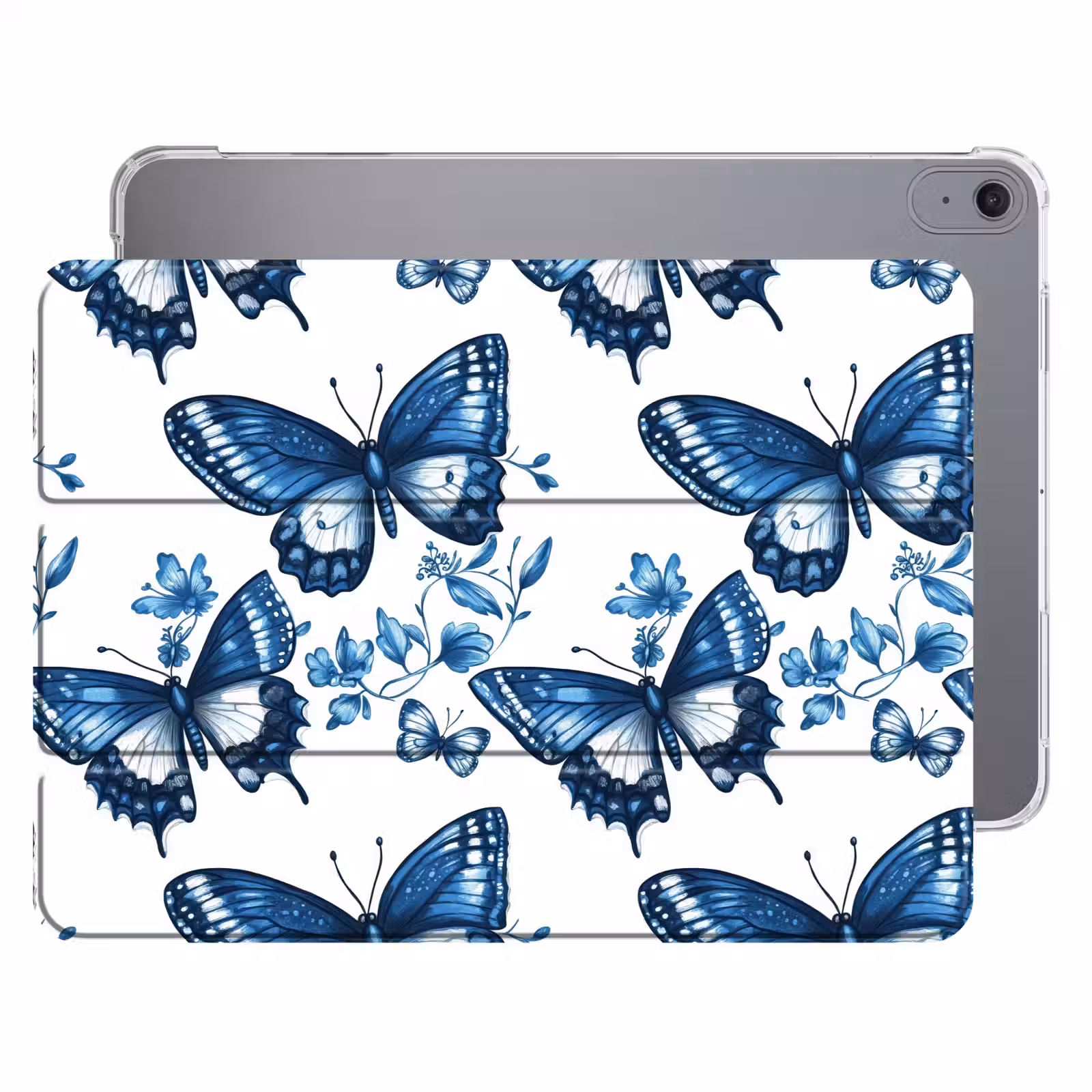 iPad hoes - Blauw - Vlinders - Bloemen - Wit — 1