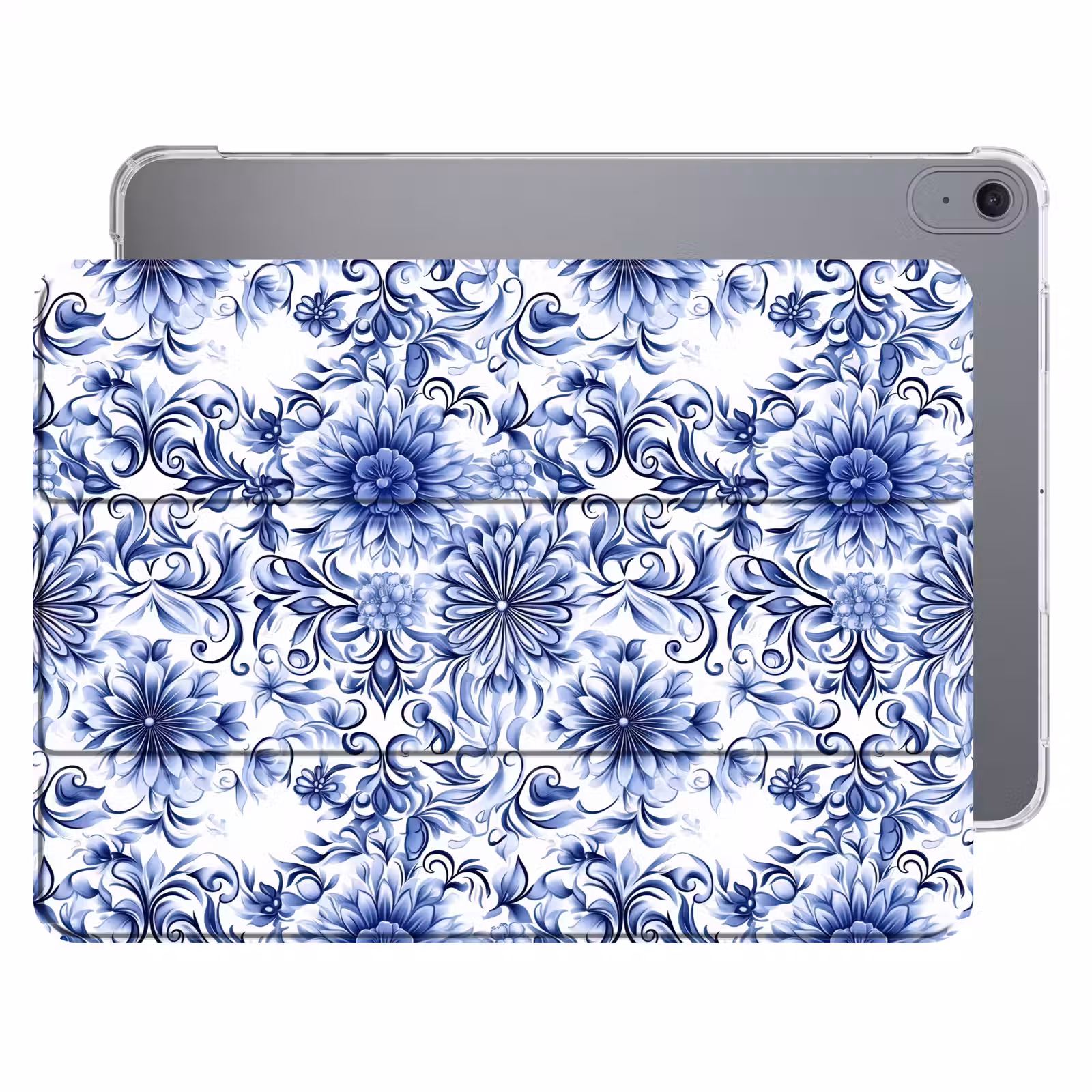 iPad hoes - Bloemen - Blauw - Patroon - Wit — 1