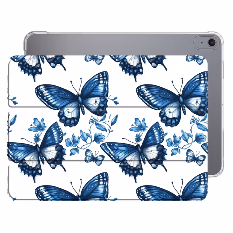 iPad hoes - Blauw - Vlinders - Bloemen - Wit — 1