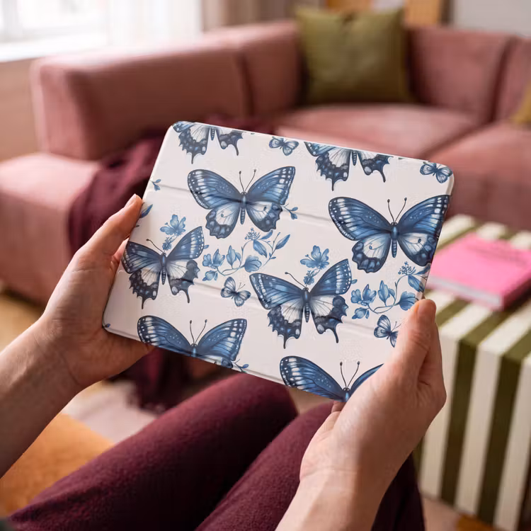 iPad hoes - Blauw - Vlinders - Bloemen - Wit — 4