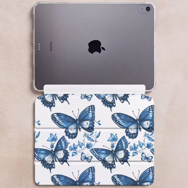 iPad hoes - Blauw - Vlinders - Bloemen - Wit — 6