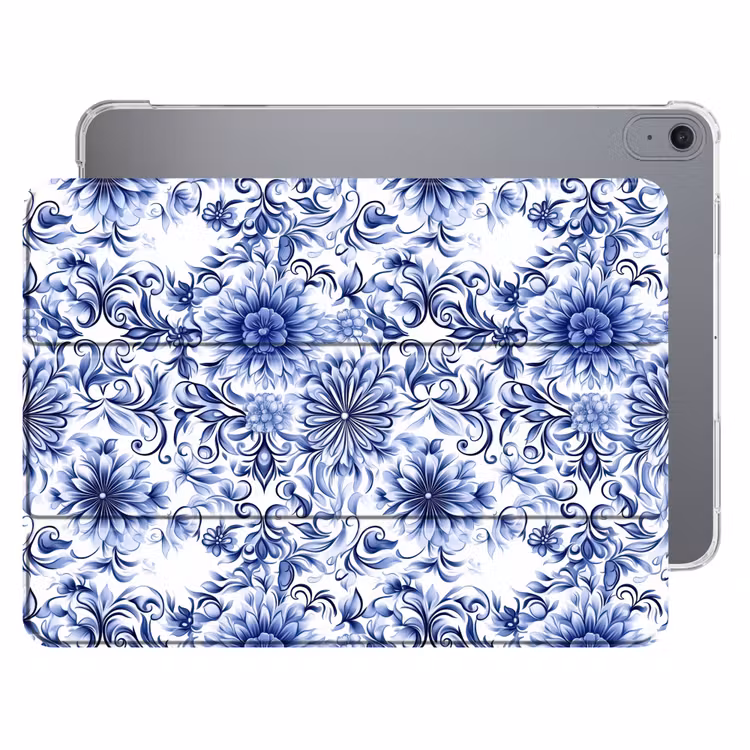 iPad hoes - Bloemen - Blauw - Patroon - Wit — 1