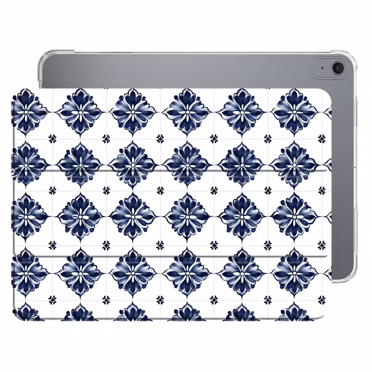 iPad hoes - Tegelmotief - Blauw - Wit - Bloem — 1