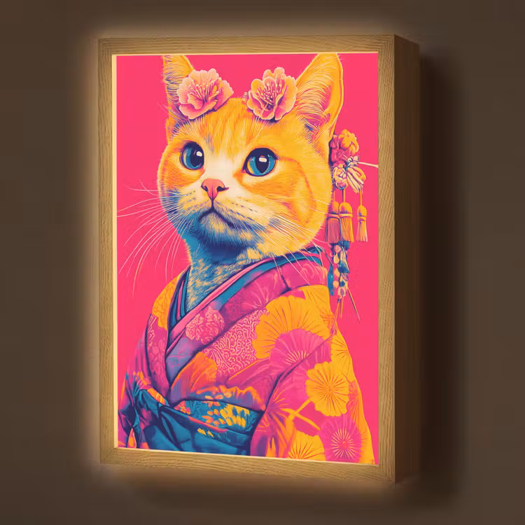 Lightbox - Wandlamp - Kat - Kimono - Bloemen - Roze — 1