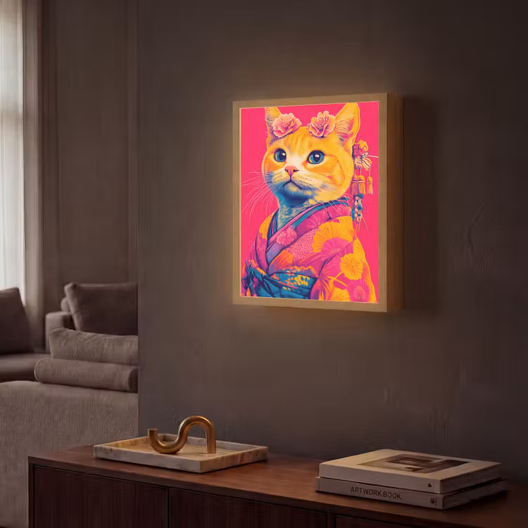 Lightbox - Wandlamp - Kat - Kimono - Bloemen - Roze — 2