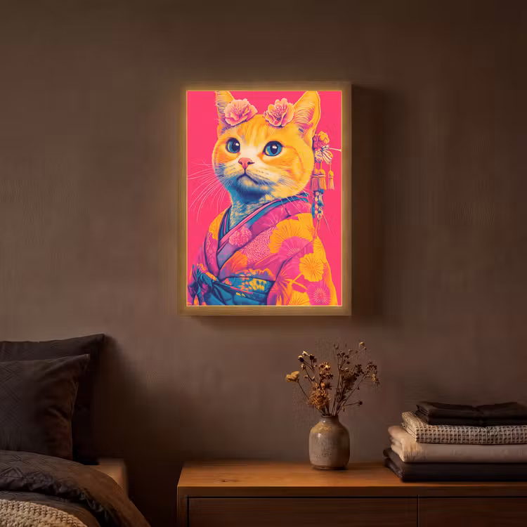 Lightbox - Wandlamp - Kat - Kimono - Bloemen - Roze — 3
