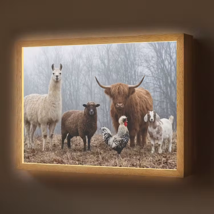Lightbox - Wandlamp - Boerderijdieren - Groep - Mist - Natuur - Rustiek