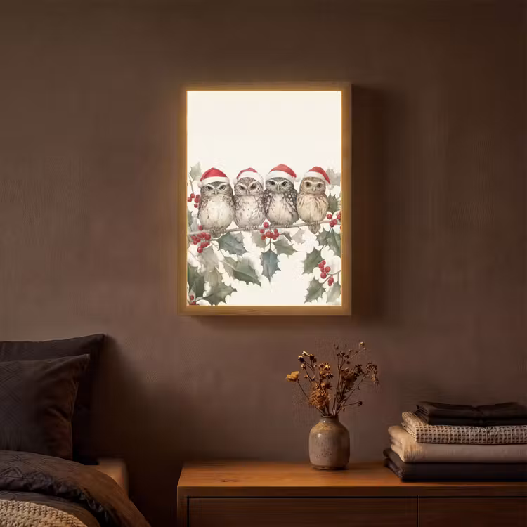 Lightbox - Wandlamp - Uilen - Tak - Hulstblaadjes - Kerstmuts — 3