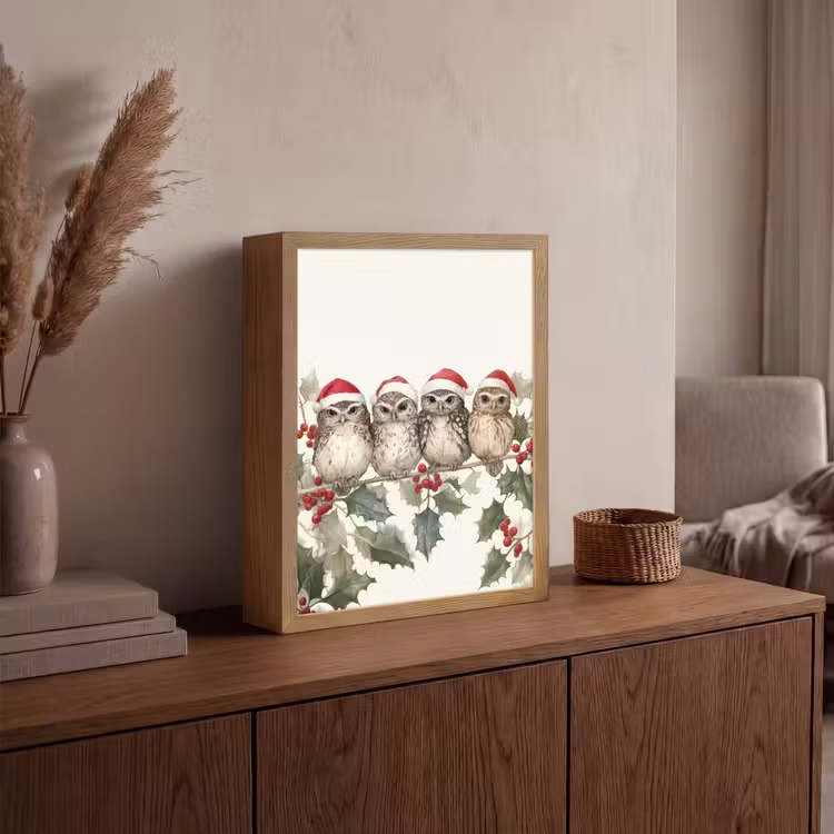Lightbox - Wandlamp - Uilen - Tak - Hulstblaadjes - Kerstmuts — 4