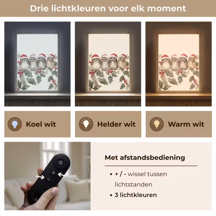 Lightbox - Wandlamp - Uilen - Tak - Hulstblaadjes - Kerstmuts — 7