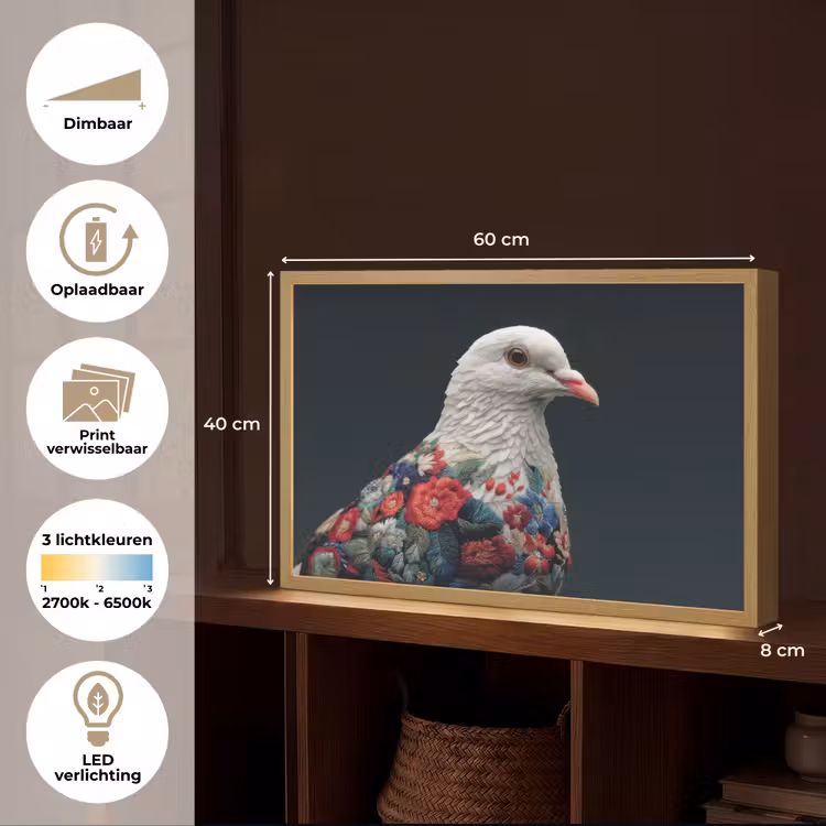 Lightbox - Wandlamp - Duif - Bloemen - Wit - Zwart — 10