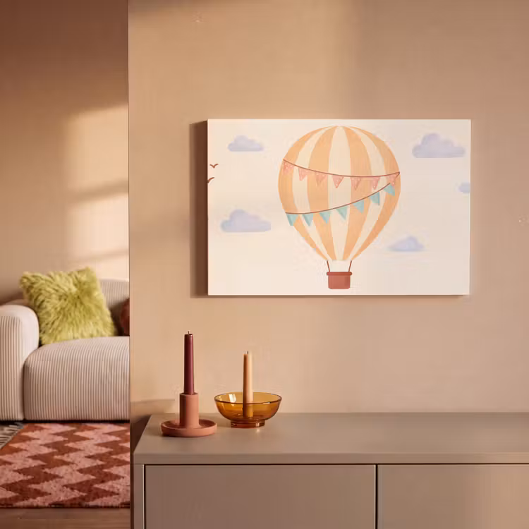 Canvas schilderij - Luchtballon - Wolken - Illustratie - Zacht - Kinderkamer — 1