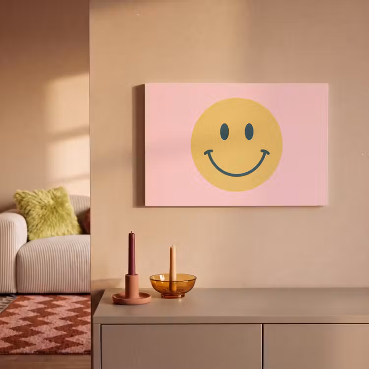 Canvas schilderij - Smiley - Geel - Roze - Symbool - Minimalistisch — 1