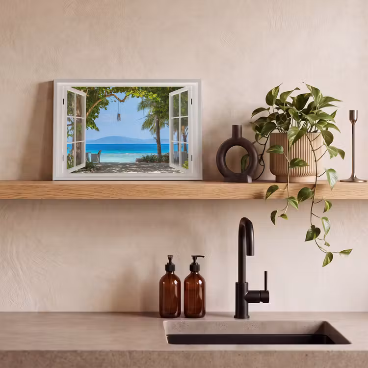 Canvas schilderij - Doorkijk - Boom - Zee - Palmboom - Heuvels - Strand - Blauw — 4