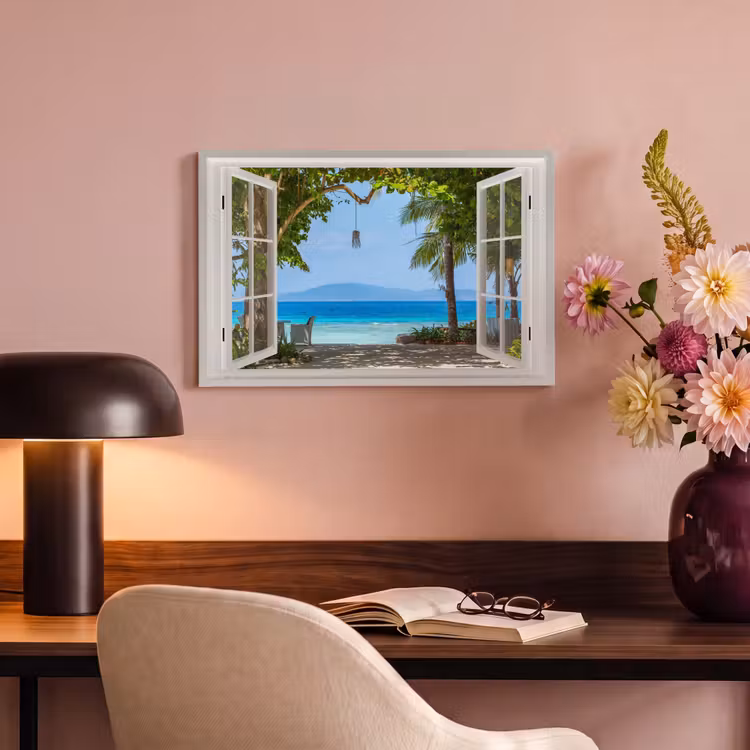 Canvas schilderij - Doorkijk - Boom - Zee - Palmboom - Heuvels - Strand - Blauw — 6