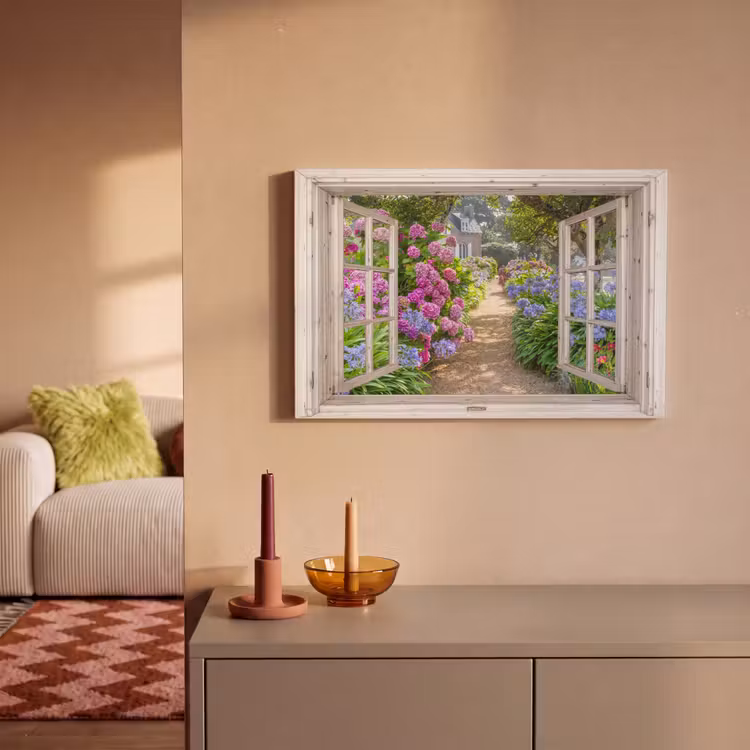 Canvas schilderij - Hortensia - Doorkijk - Bloemen - Zomer - Paars - Pad — 2