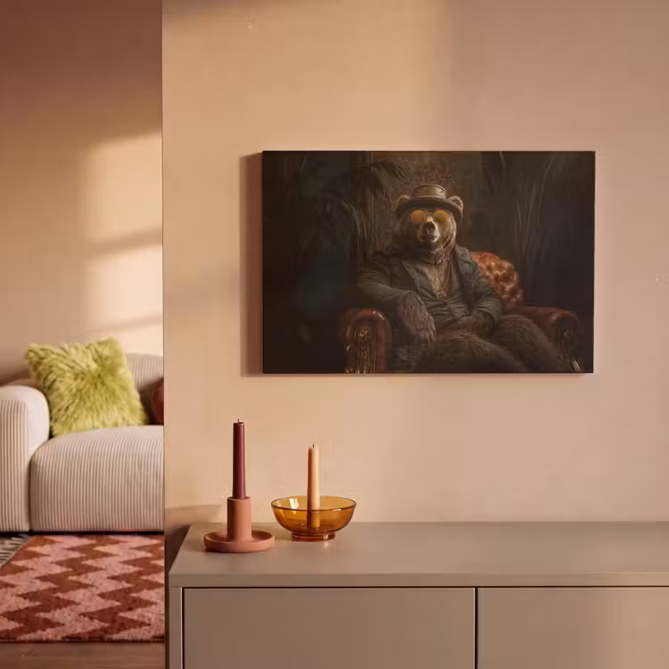 Canvas schilderij - Beer - Bruin - Pak - Hoed — 2