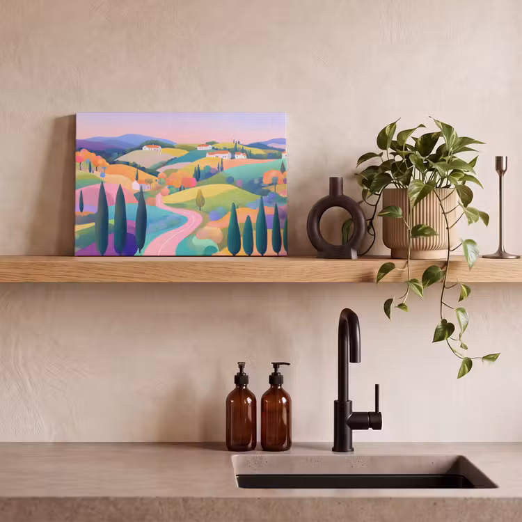 Canvas schilderij - Landschap - Paars - Pastel - Huizen — 4