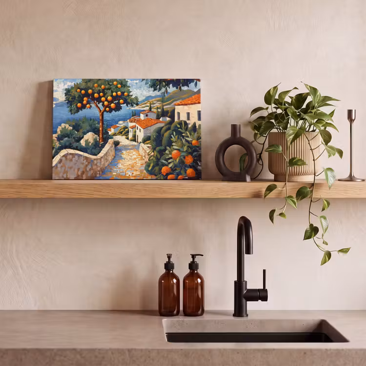 Canvas schilderij - Huizen - Mozaïek - Sinaasappelbomen - Zee — 4