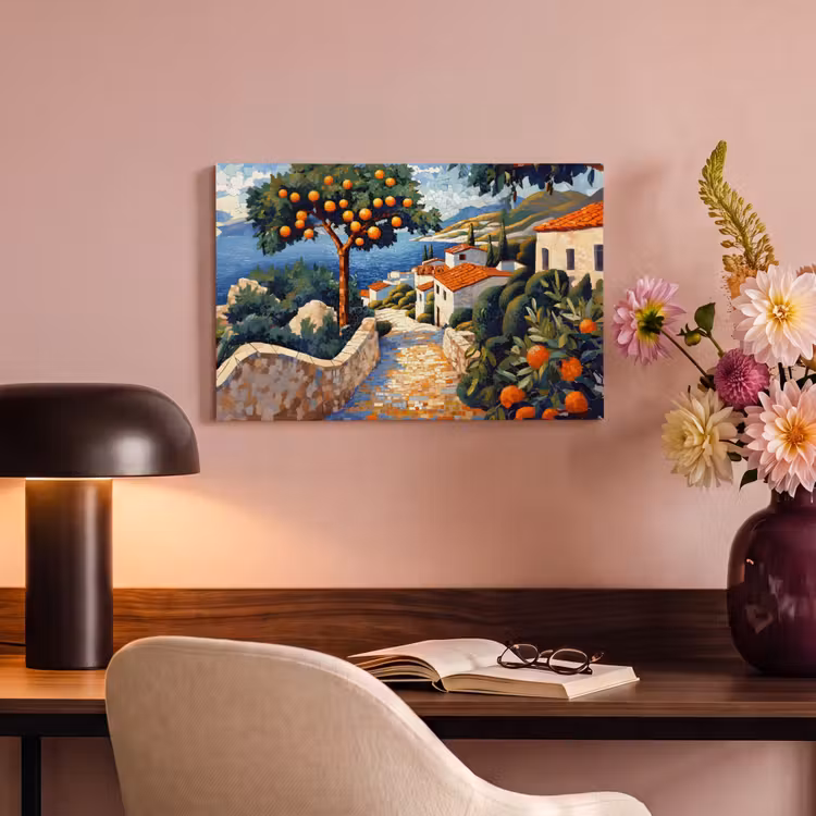 Canvas schilderij - Huizen - Mozaïek - Sinaasappelbomen - Zee — 6