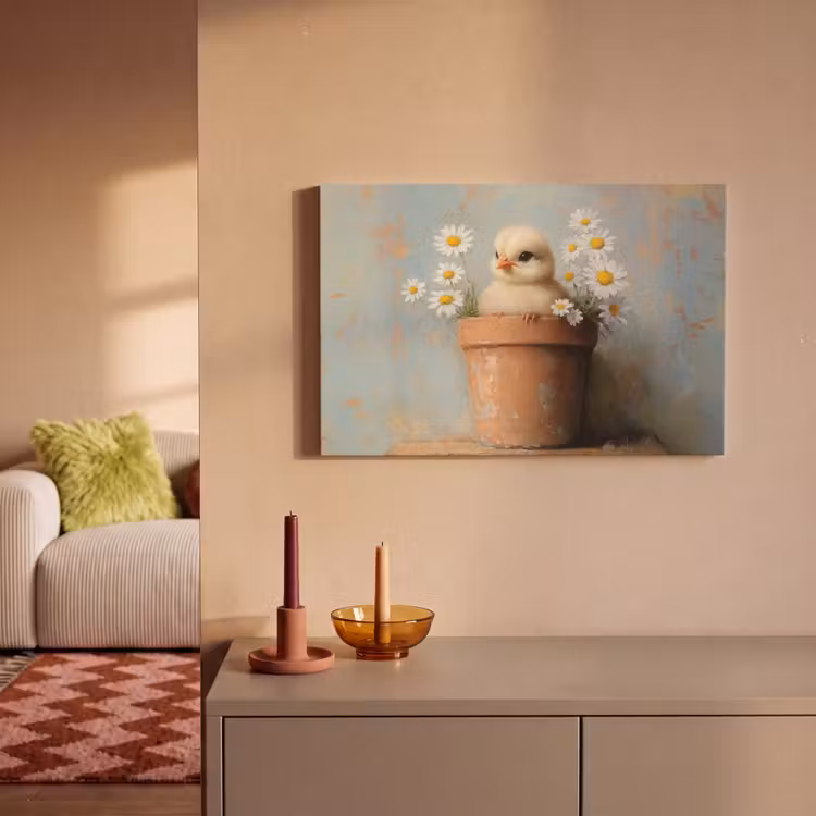 Canvas schilderij - Bloempot - Kuiken - Bloemetjes — 2