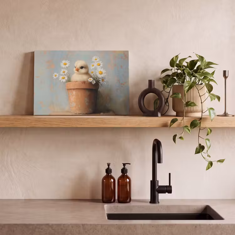 Canvas schilderij - Bloempot - Kuiken - Bloemetjes — 4