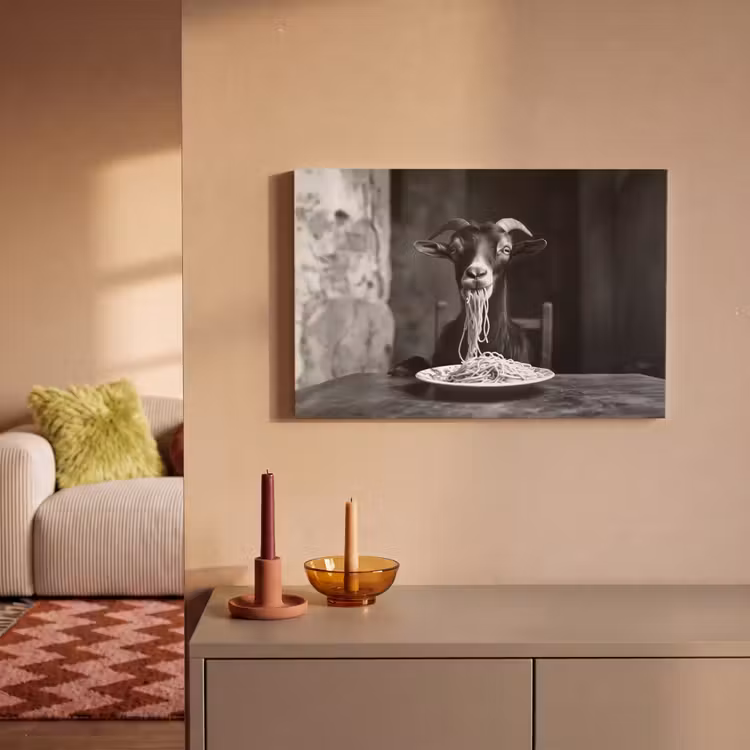 Canvas schilderij - Geit - Bord - Spaghetti - Zwart Wit — 2