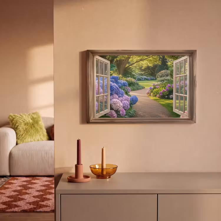 Canvas schilderij - Doorkijk - Tuin - Raam - Hortensia - Bloemen — 2