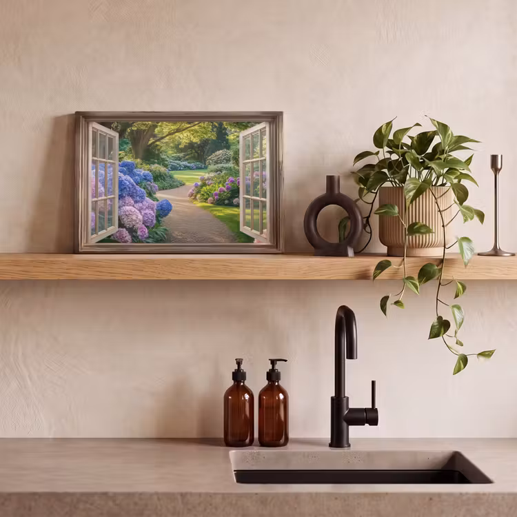 Canvas schilderij - Doorkijk - Tuin - Raam - Hortensia - Bloemen — 4