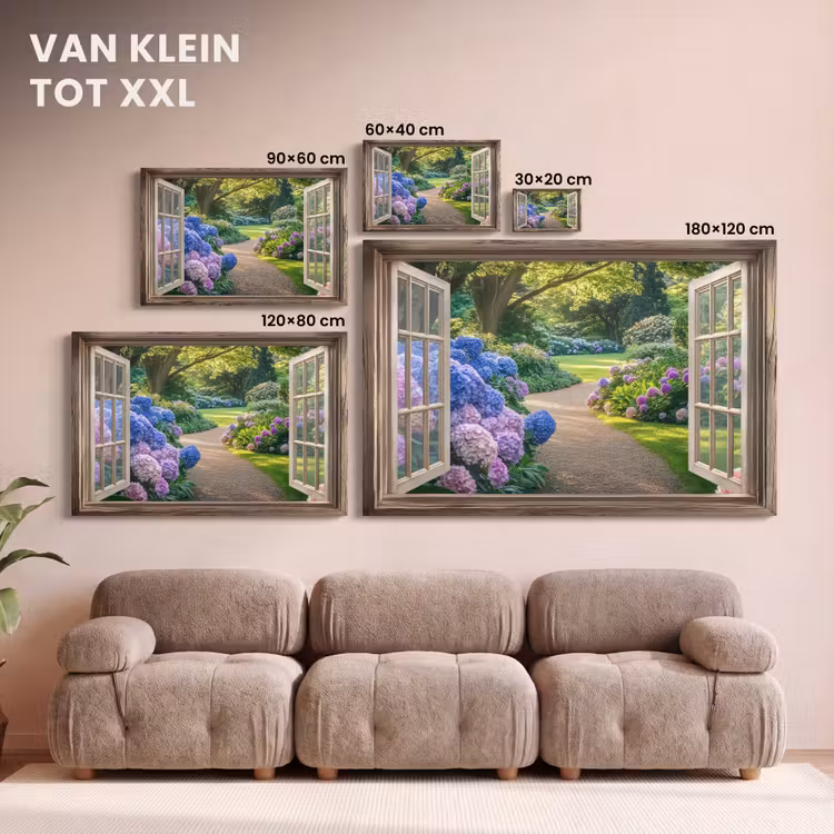 Canvas schilderij - Doorkijk - Tuin - Raam - Hortensia - Bloemen — 8