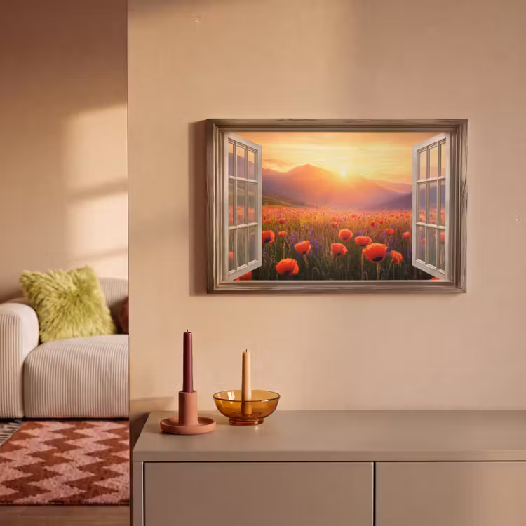Canvas schilderij - Doorkijk - Klaprozen - Bloemen - Rood - Open raam — 2