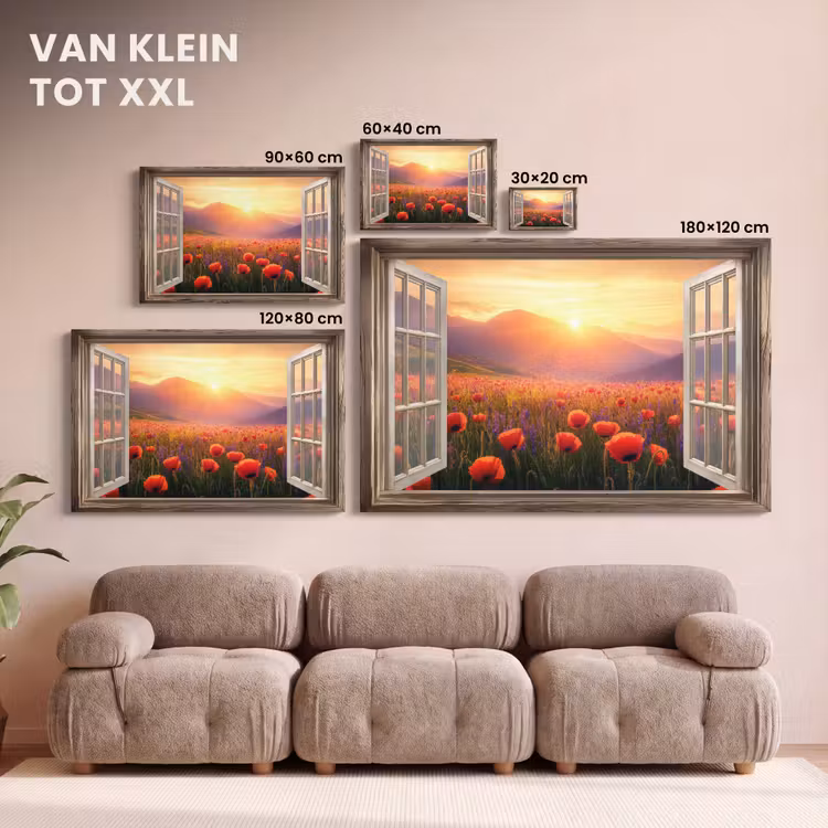 Canvas schilderij - Doorkijk - Klaprozen - Bloemen - Rood - Open raam — 8
