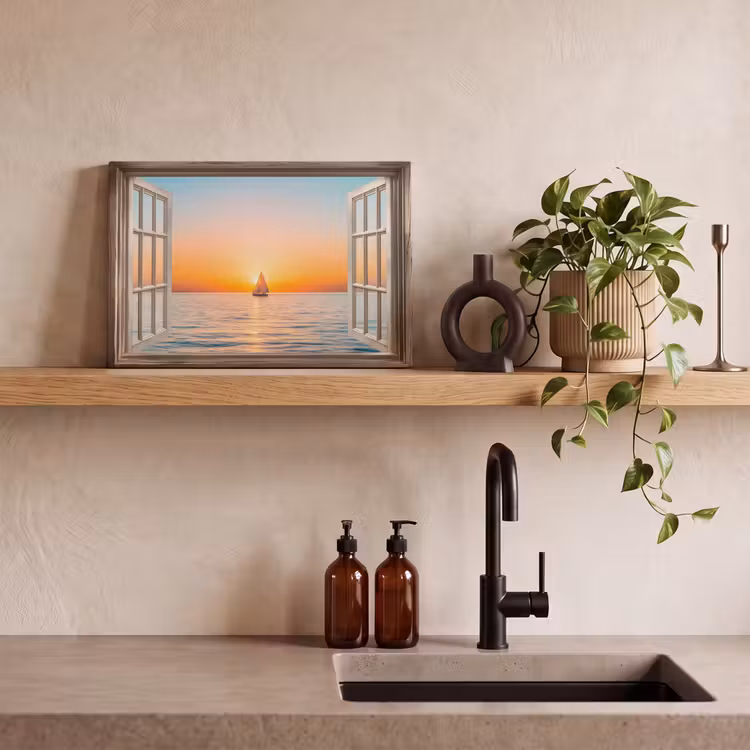 Canvas schilderij - Doorkijk - Zee - Boot - Zonsondergang — 4