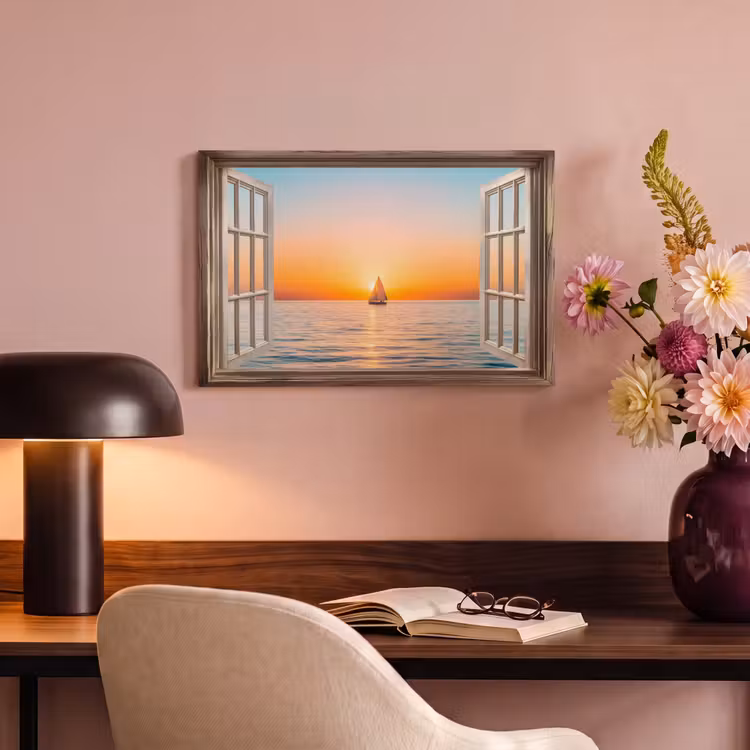 Canvas schilderij - Doorkijk - Zee - Boot - Zonsondergang — 6