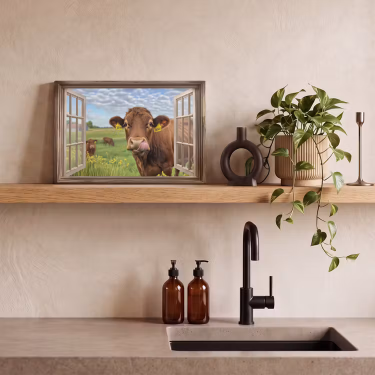 Canvas schilderij - Doorkijk - Koe - Weiland - Landschap - Dieren — 4