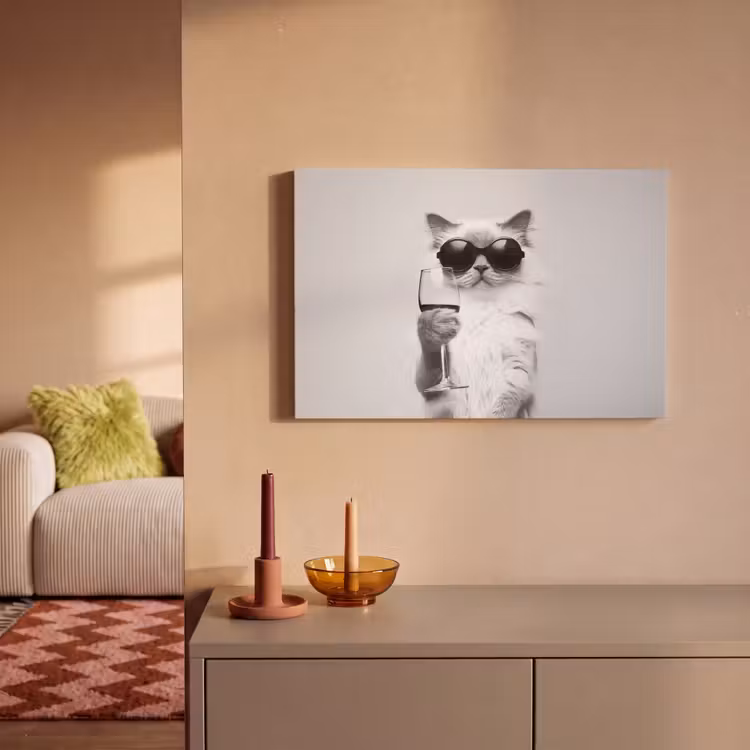 Canvas schilderij - Kat - Zonnebril - Wijnglas - Langharig — 2